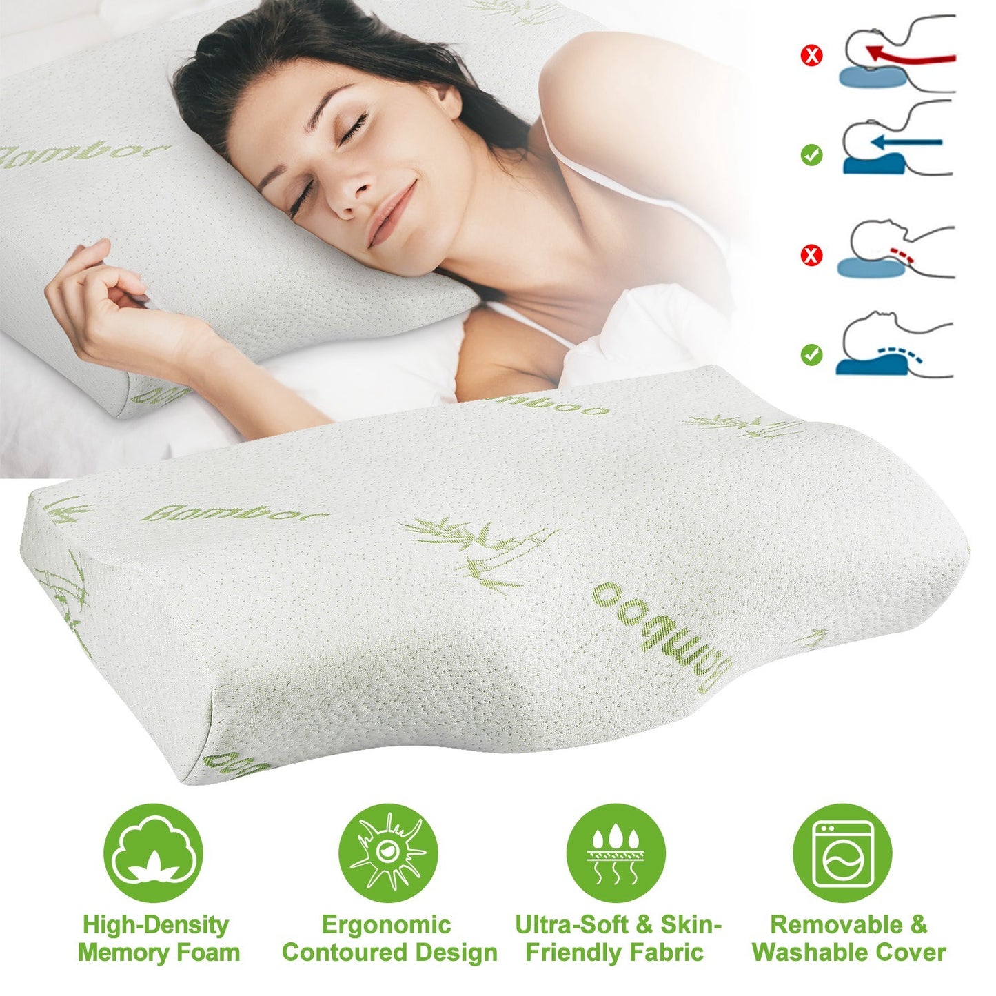 (US) Bamboo Memory Foam Contour Sleep Pillow (Neck Support)